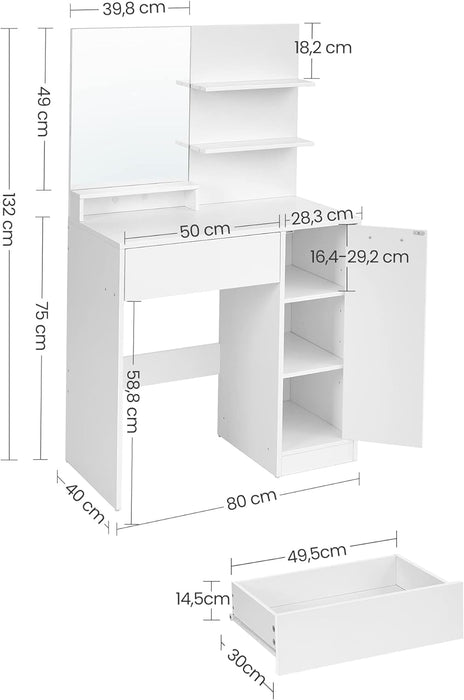 Dressing Table with Mirror, 1 Drawer, 2 Shelves, Storage Cabinet, Makeup Organizer, White