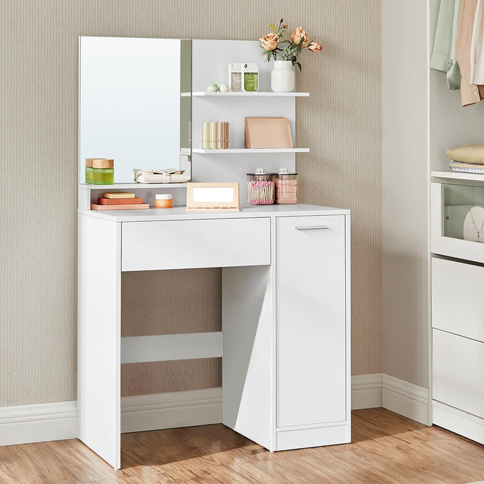 Dressing Table with Mirror, 1 Drawer, 2 Shelves, Storage Cabinet, Makeup Organizer, White