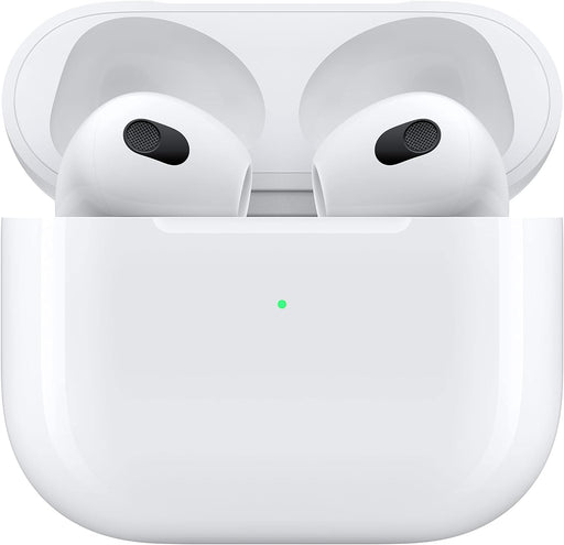 General view of the refurbished Apple AirPods (3rd Generation) with MagSafe charging case and Lightning to USB-C cable.