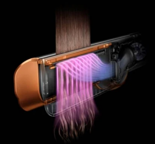 Dyson™ Airstrait™ in Prussian Blue/Copper, offering advanced airflow technology for quick and efficient hair straightening.