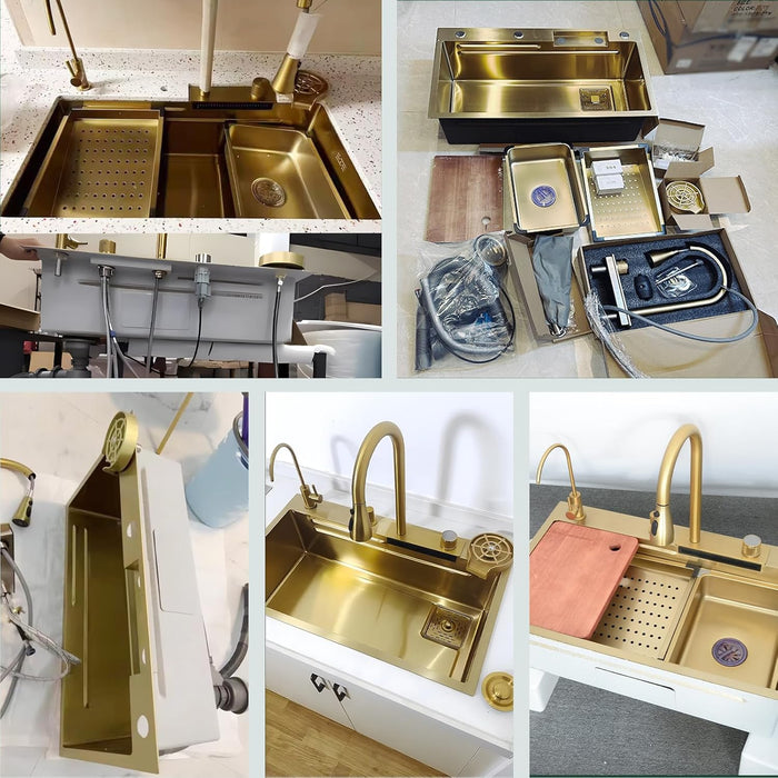 A premium gold-finished kitchen sink with five functional holes, combining elegance with convenience