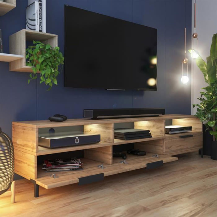 Pikke TV Unit in Wotan Oak and black matte - shelves and closed compartments